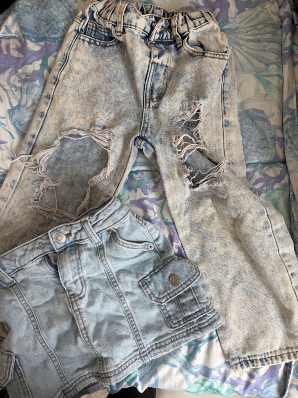 Light Acid-Wash Distressed Denim Jeans and Mini Skirt Set